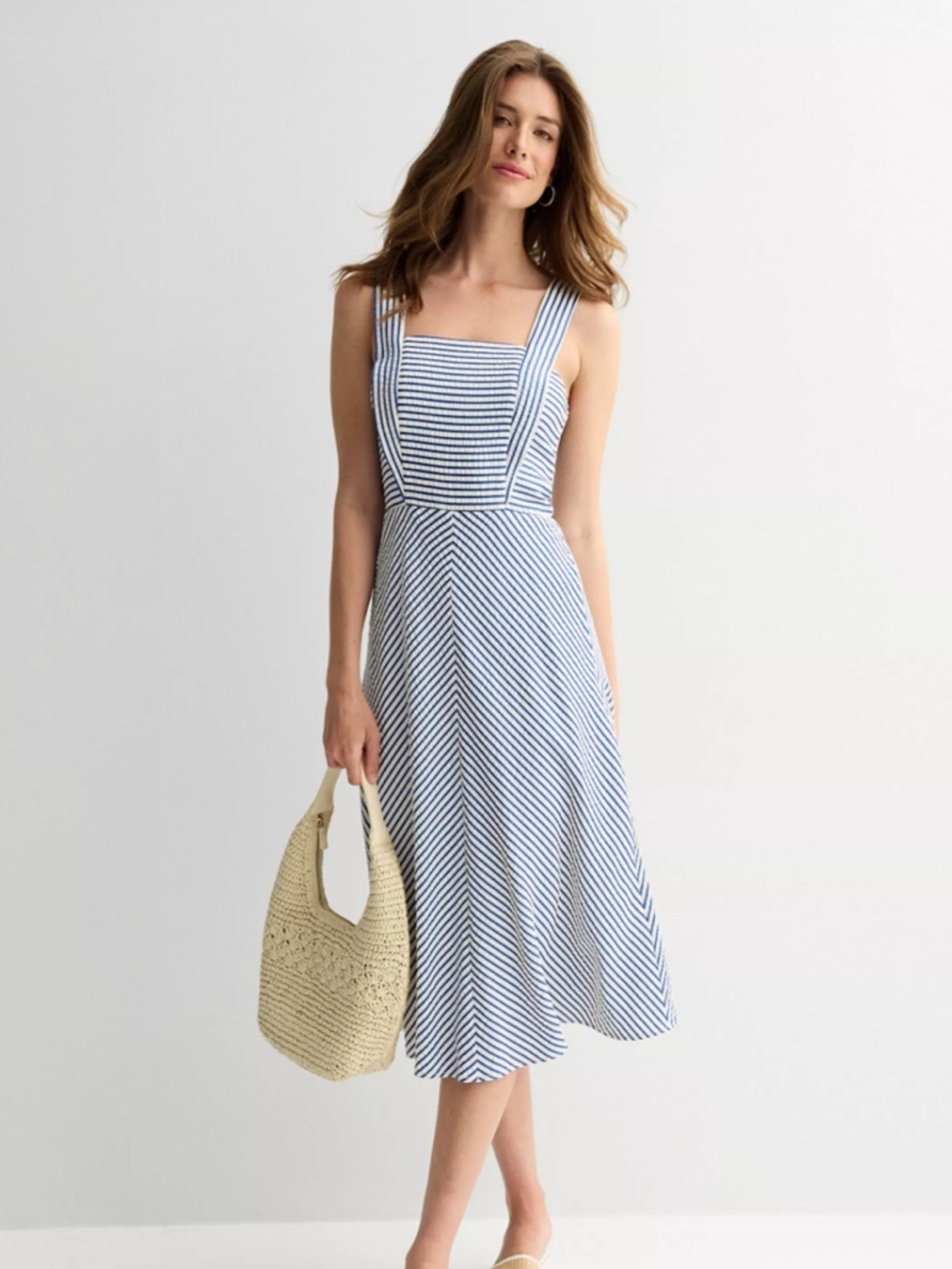 Blue Stripe Square-Neck Midi Dress